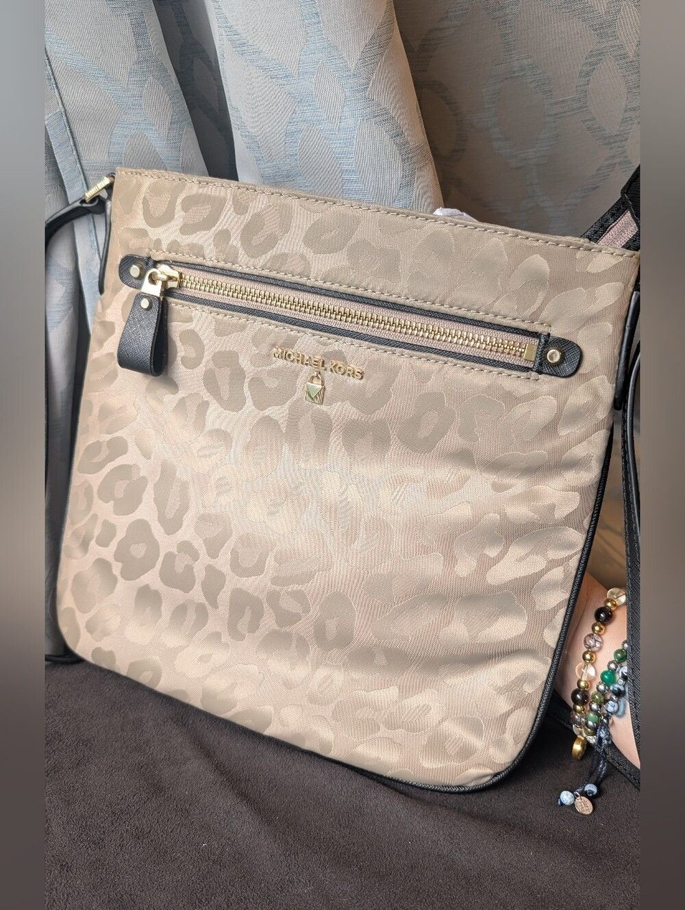 NWT Michael Kors Kelsey Large Leopard Nylon Crossbody Bag - Truffle / Taupe